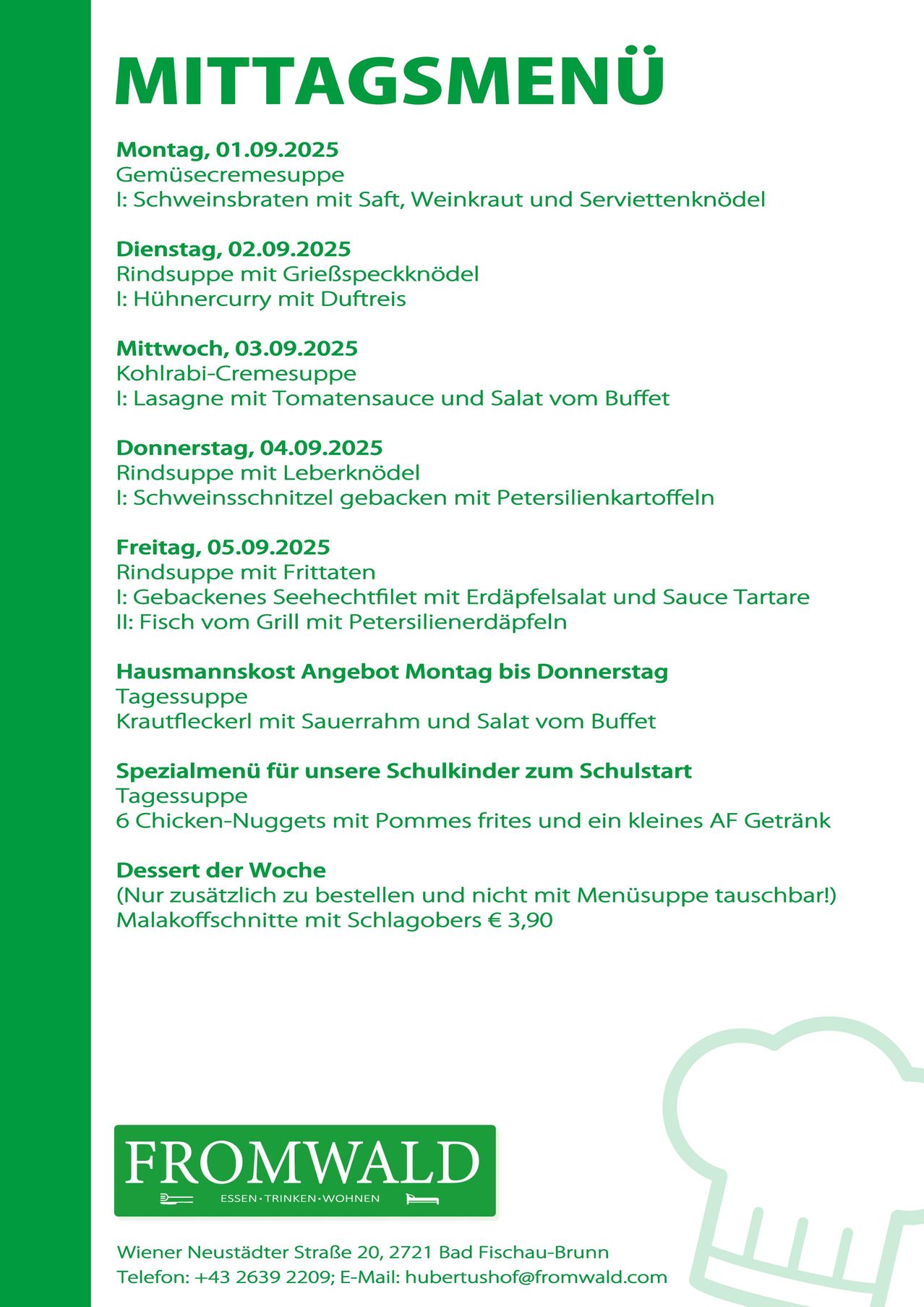 Wöchentliche Speisekarte ab dem 2. September 2025. Beinhaltet tägliche Suppenoptionen und Hauptgerichte, ein spezielles Menü für Schüler und eine Dessertoption.
