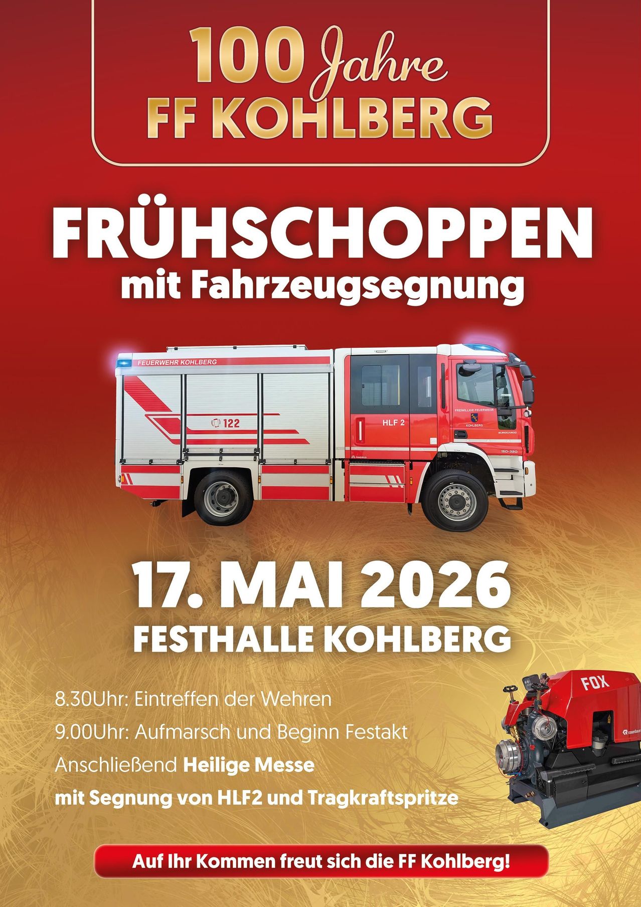 Poster for an event on May 17, 2026 at Festhalle Kohlberg. Features a fire truck and a machinery vehicle. Includes arrival time and event start time.