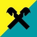 Eine blau-gelbe Flagge mit einem schwarzen X in der Mitte, gebildet durch zwei überlappende Hämmer.
