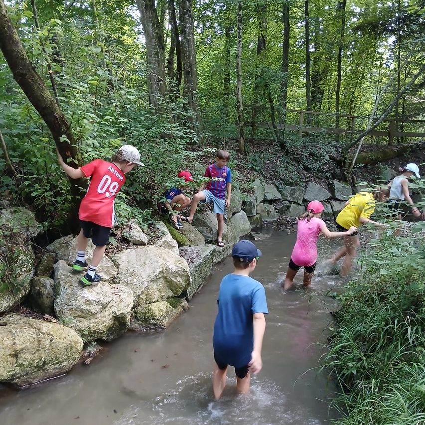 Eine Gruppe von Kindern spielt in einem flachen Bach, einige stehen im Wasser und andere auf Felsen. Sie tragen Mützen und Turnschuhe.