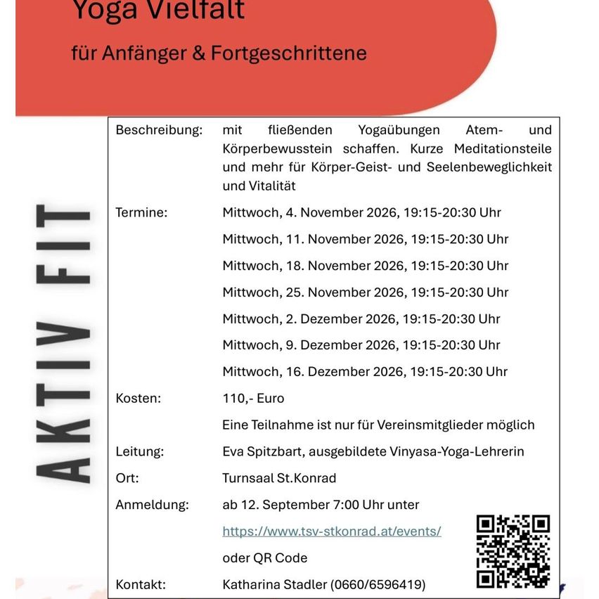 Yoga-Kursflyer für Anfänger und Fortgeschrittene. Beinhaltet fließende Yogaübungen, Atemübungen und Meditation. Termine an verschiedenen Mittwochen im November und Dezember 2026. Kosten 110 Euro. Anmeldung ab 12. September. QR-Code für weitere Infos.