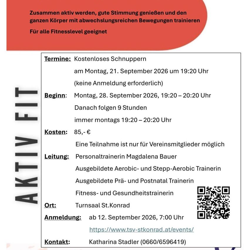 Ein Flyer für einen kostenlosen Fitnesskurs am 21. September 2026 um 19:20 Uhr. Der Kurs ist für alle Fitnesslevels geeignet und enthält einen QR-Code zur Anmeldung.