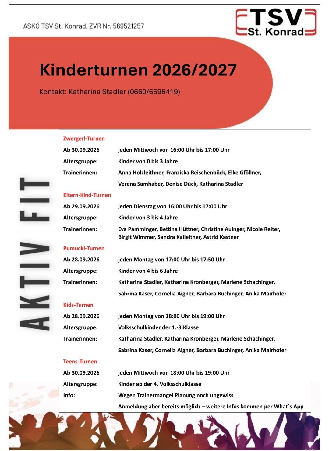 Ein Flyer für Kinderturnkurse im Jahr 2026/2027. Es werden verschiedene Kurse für unterschiedliche Altersgruppen aufgelistet, einschließlich Zwergerl-Turnen, Eltern-Kind-Turnen, Pumucki-Turnen, Kids-Turnen und Teens-Turnen. Jeder Kurs gibt das Alter, Datum, Uhrzeit und Trainer an.