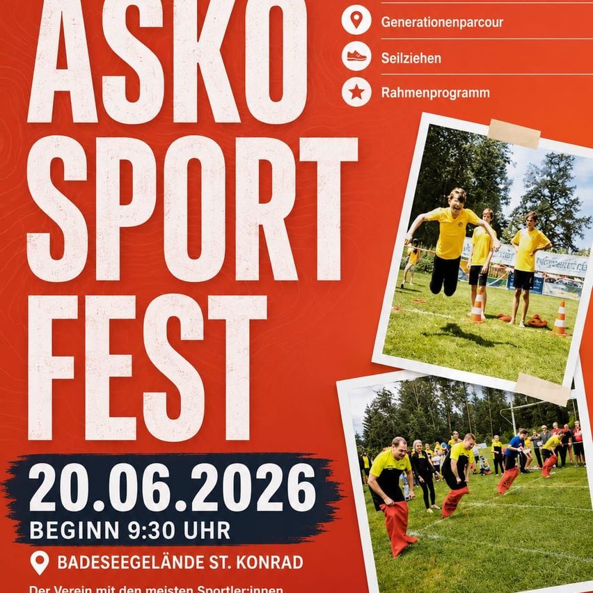 ASKO Sport Fest am 20.06.2026. Beginn um 9:30 Uhr in Badeseegelände St. Konrad. Bietet Generationenparkour, Anmeldungen und ein Rahmenprogramm.