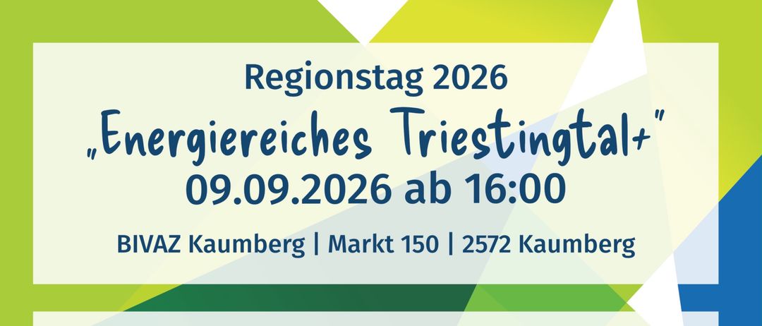 Plakat für eine Veranstaltung am 9. September 2026 um 16:00 Uhr, mit Führungen, Informationen zur Energieeffizienz und Vorträgen zu Themen wie erneuerbare Energien und Geothermie. Die Veranstaltung wird von BIVZ Kaumberg ausgerichtet.