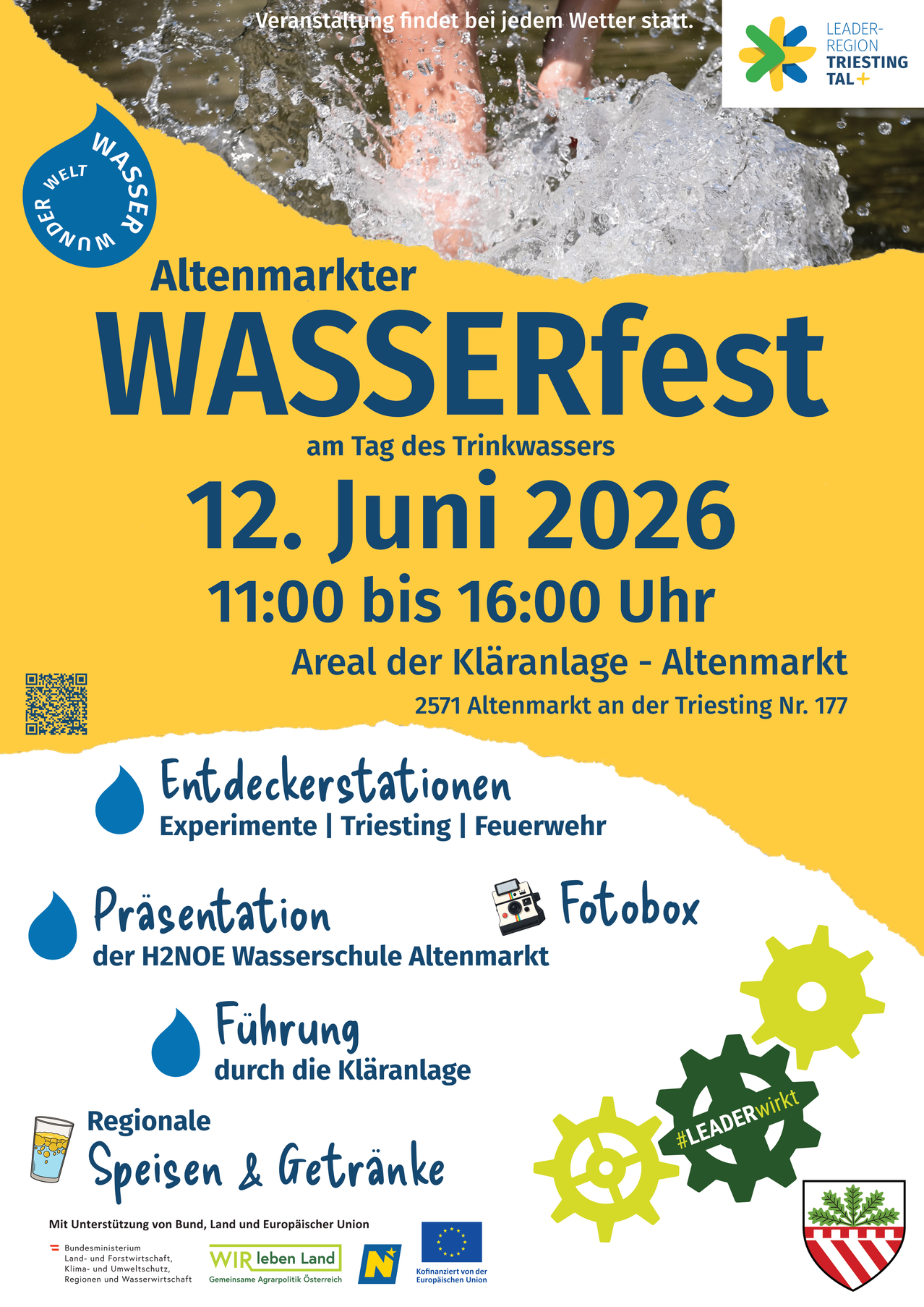 Plakat für das Alenmarker Wasserfest am 12. Juni 2026 von 11:00 bis 16:00 Uhr am Kläranlange. Mit Entdeckerstationen, Experimenten, Präsentationen und Führungen. Wassertropfen-Symbol. QR-Code für weitere Informationen.