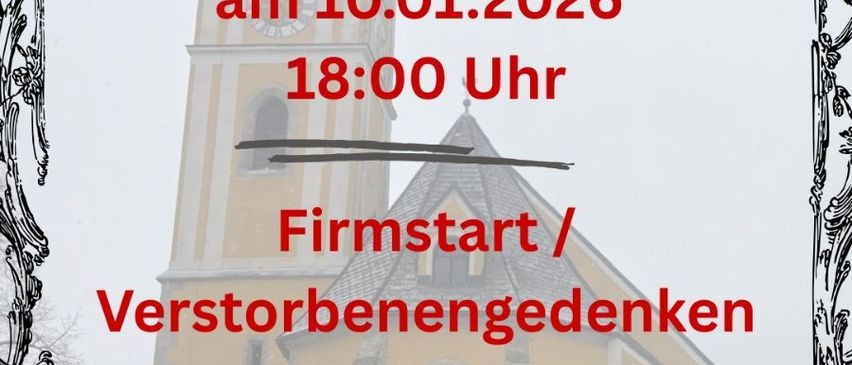 Plakat für eine heilige Messe mit dem Datum 10.01.2026 um 18:00 Uhr. Es erwähnt eine Eröffnungszeremonie und das Gedenken an die Verstorbenen. Es endet mit einer Einladung zur Agape durch den Pfarrgemeinderat mit Tee, Glühwein und Brot.