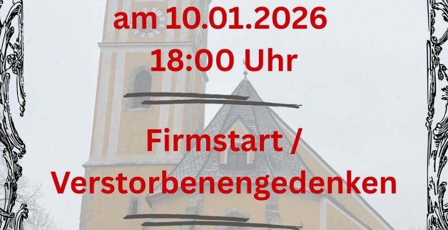Plakat für eine heilige Messe mit dem Datum 10.01.2026 um 18:00 Uhr. Es erwähnt eine Eröffnungszeremonie und das Gedenken an die Verstorbenen. Es endet mit einer Einladung zur Agape durch den Pfarrgemeinderat mit Tee, Glühwein und Brot.