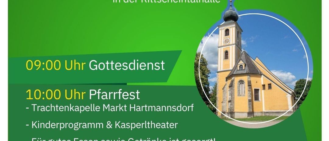 Plakat für das Pfarrfest-Event in Hartmannsdorf am 2. August 2026 mit einer Kirche, einer Gottesdienstzeit und Details zur Veranstaltung.