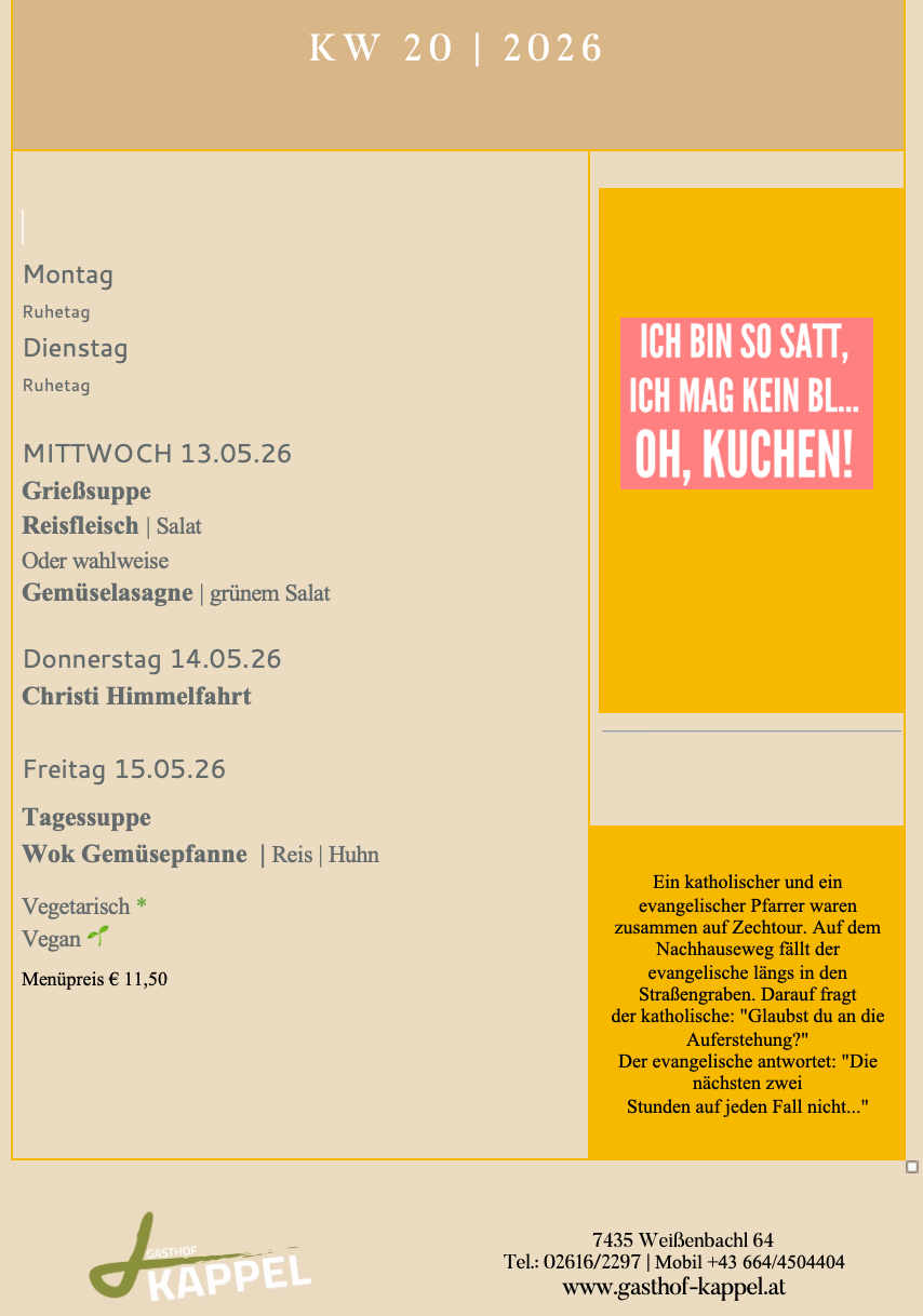 Menü für Montag, Dienstag, Mittwoch, Donnerstag, Freitag, Samstag und Sonntag. Mahlzeitenoptionen umfassen Reis, Salat, Gemüse und Fleisch. Vegetarische und vegane Optionen sind verfügbar.