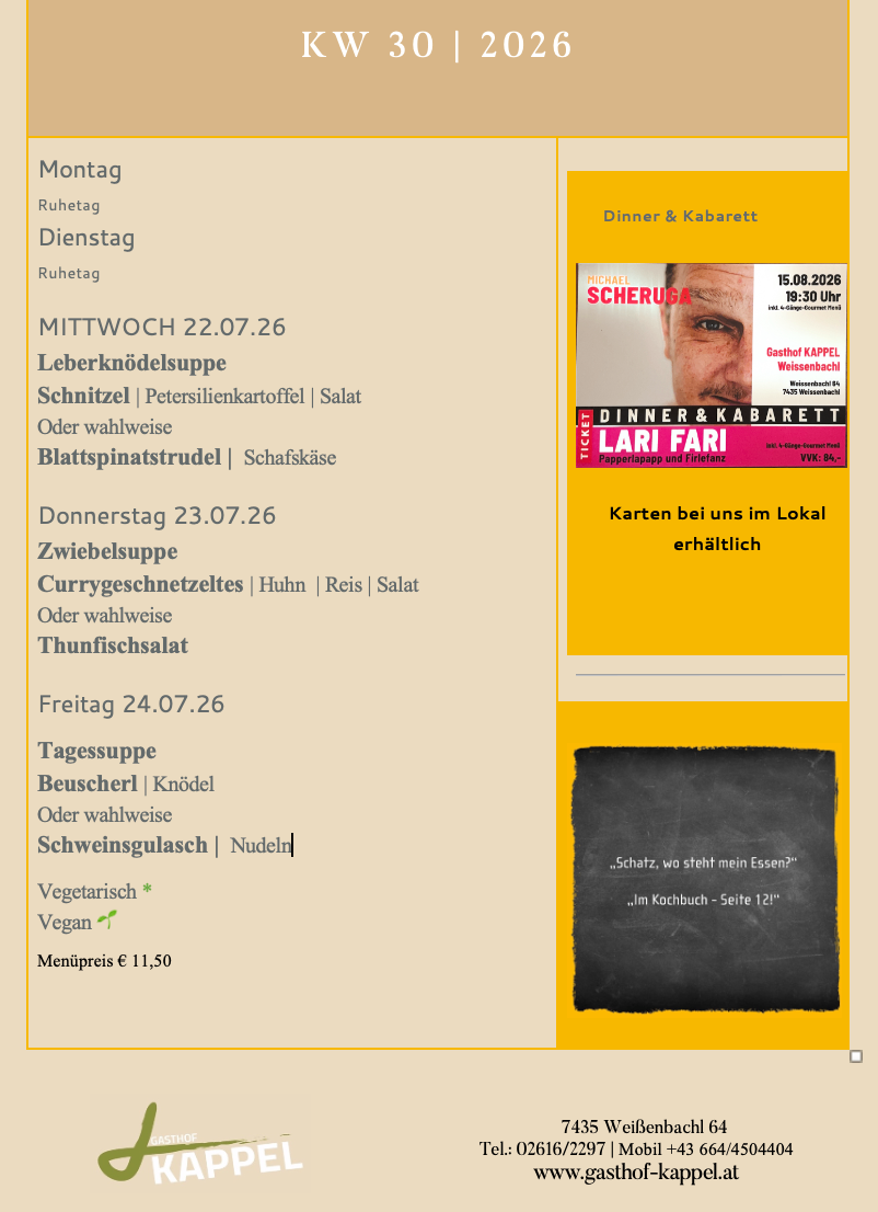 Eine Tafel mit einem Zitat aus einem Kochbuch, 'Schatz, wo steht mein Essen?' und 'Im Kochbuch - Seite 12!' darauf geschrieben.