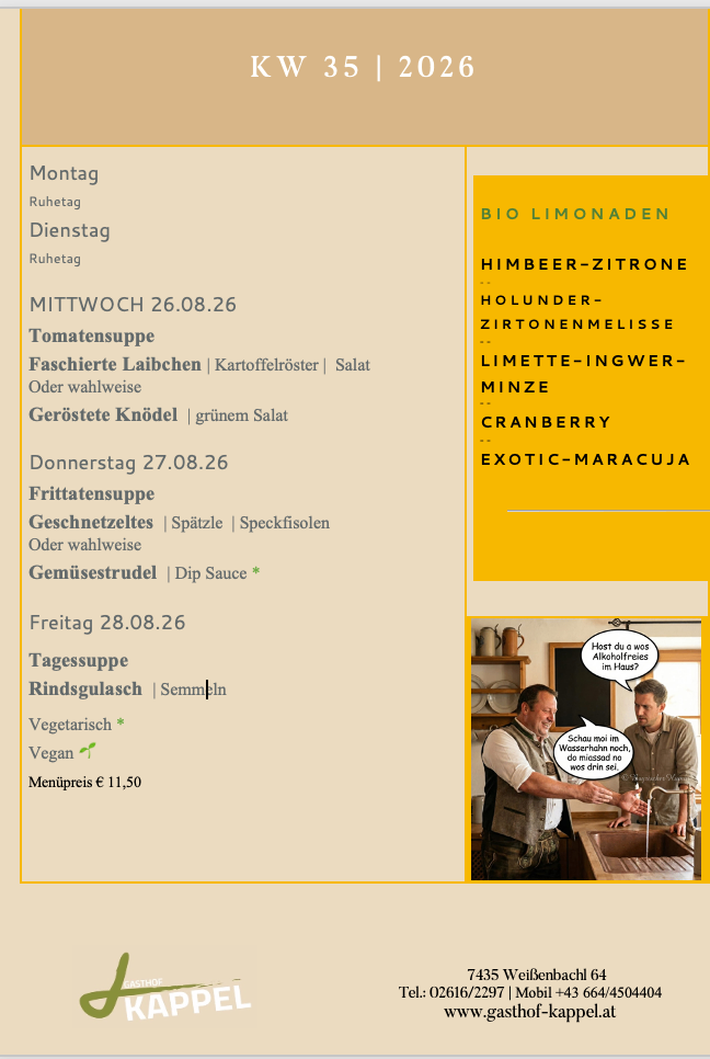 Ein Restaurantmenü mit verschiedenen Gerichten für verschiedene Wochentage, einschließlich Tomatensuppe, gefüllte Pfirsiche und Gemüsesuppe. Das Menü enthält auch Preise und Ernährungsoptionen.