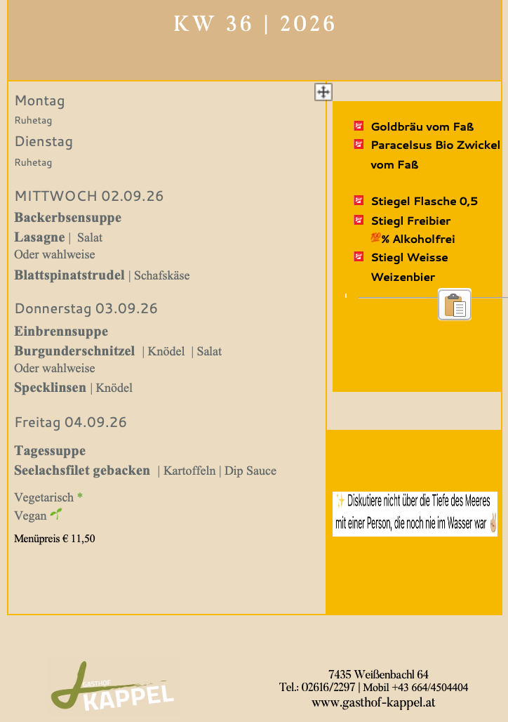 Wöchentliche Speisekarte eines Restaurants mit Optionen für Montag, Dienstag, Mittwoch, Donnerstag und Freitag. Jeder Tag listet das Hauptgericht, die Beilage und Getränkeoptionen auf. Die Speisekarte enthält eine vegetarische Option.