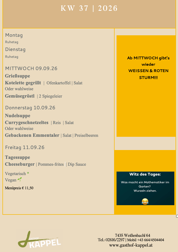 Ein Menü mit verschiedenen Essensoptionen für verschiedene Tage, einschließlich vegetarischer Optionen. Das Menü bietet Gerichte wie gegrillte Schweinekoteletts, Curry-Nudeln und Cheeseburger. Das Menü enthält auch eine humorvolle Mathefrage.