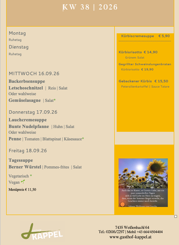 Menü für ein Restaurant mit Datum und Gerichten aufgeführt. Es beinhaltet eine Suppe, ein Hauptgericht und einen Nachtisch. Das Menü ist am Montag, Dienstag, Mittwoch, Donnerstag und Freitag verfügbar.