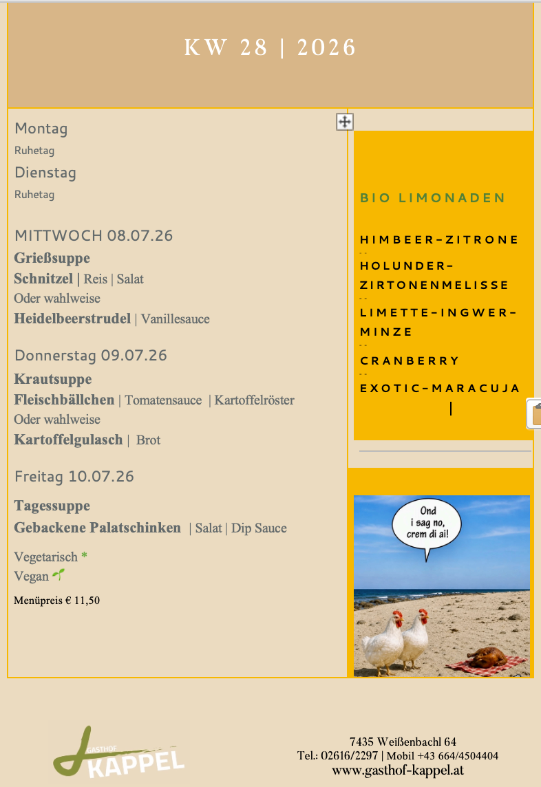 Das Bild zeigt ein Menü mit einer Strandszene und einem humorvollen Zitat. Es listet Essensangebote für bestimmte Tage auf.