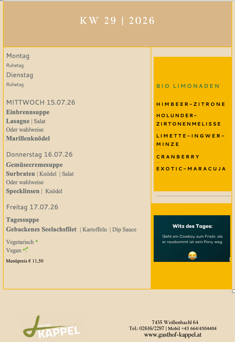 Ein Menü für ein Restaurant mit einer Liste von Gerichten für verschiedene Tage, einschließlich Suppen, Salate und Fleischgerichte. Das Menü beinhaltet auch eine vegetarische Option und ein Tagesangebot.