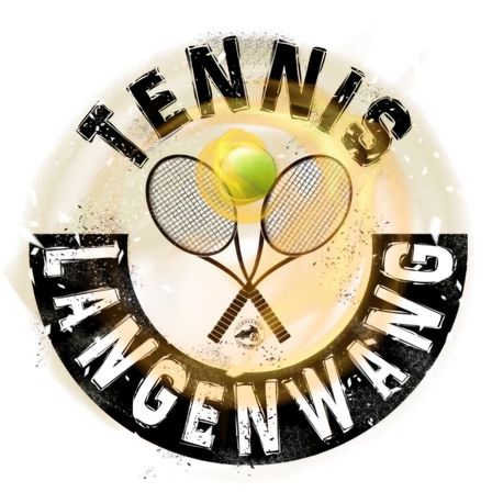 Das Bild zeigt ein Tennis-Logo mit zwei gekreuzten Tennisschlägern und einem Tennisball in der Mitte. Die Worte 'Tennis' stehen oben und 'Langenwang' unten.