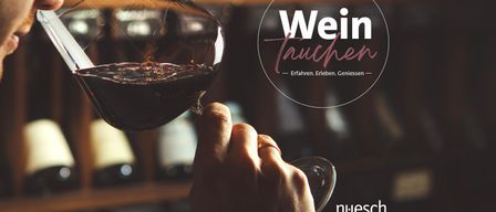 A hand holding a wine glass filled with red wine, with shelves of wine bottles in the background and a logo that reads 'Wein tauchen'.