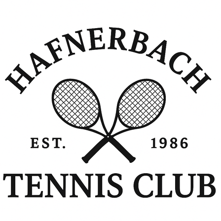 Logo für den Hafnerbach Tennis Club, gegründet 1986, mit zwei gekreuzten Tennisschlägern.