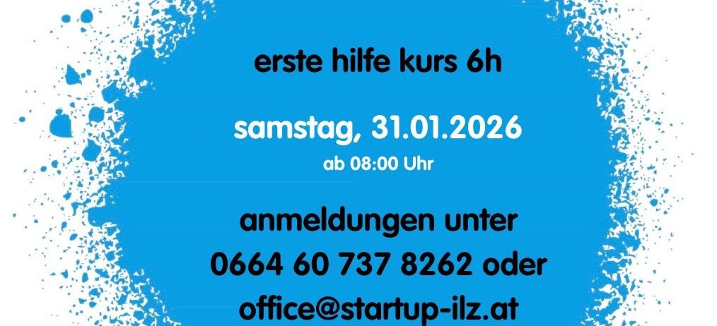 Blaues kreisförmiges Plakat für einen Erste-Hilfe-Kurs, der am 31.01.2026 um 08:00 Uhr beginnt. Kontaktmöglichkeiten sind Telefonnummer und E-Mail.