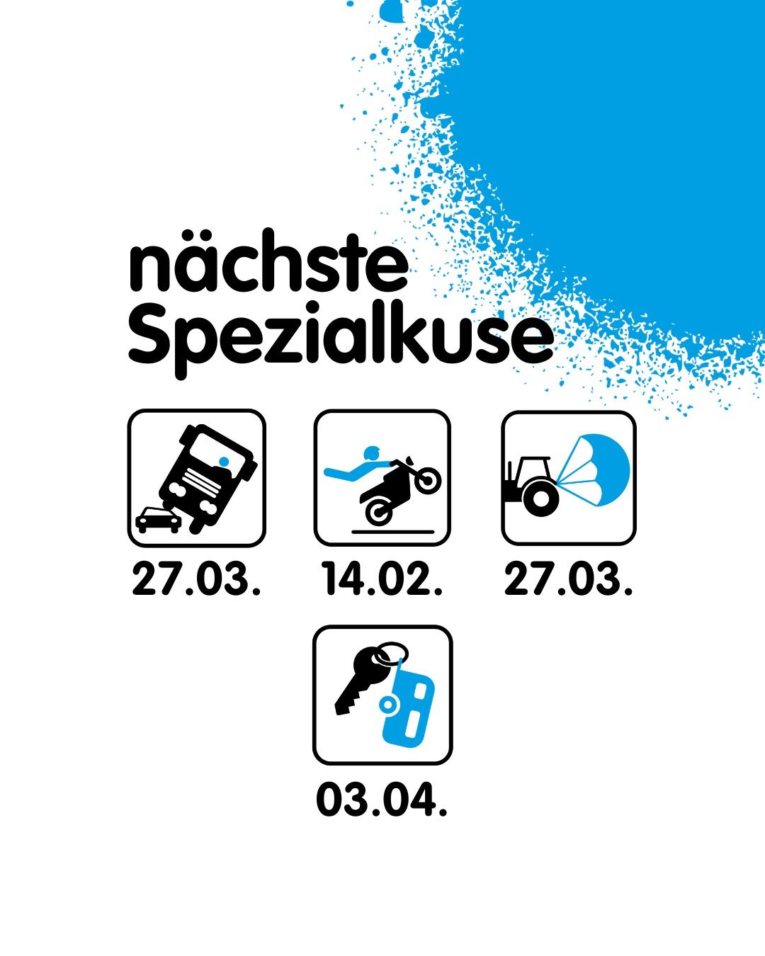 Ein Werbeplakat für kommende Sonderverkäufe mit Datum und Symbolen für Auto, Motorrad und Traktor. Die gezeigten Daten sind 27.03., 14.02., 27.03. und 03.04.