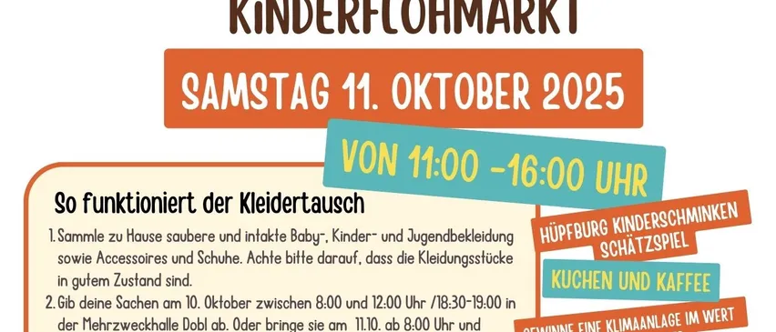 Plakat für Herbstfest mit Kinderkleidertausch und Flohmarkt am Samstag, 11. Oktober 2025, von 11:00 bis 16:00 Uhr. Teilnahmehinweise umfassen das Sammeln sauberer Baby-, Kinder- und Jugendkleidung, Accessoires und Schuhe und das Bringen am 10. Oktober 2025 zwischen 8:00 und 12:00 Uhr. Die Veranstaltung bietet einen Kinderschatzspiel, Küche und Kaffee, Grills, Hot-Dogs, Bratwurst und einen Klimapreis.
