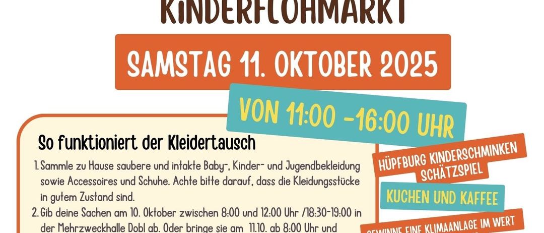 Plakat für Herbstfest mit Kinderkleidertausch und Flohmarkt am Samstag, 11. Oktober 2025, von 11:00 bis 16:00 Uhr. Teilnahmehinweise umfassen das Sammeln sauberer Baby-, Kinder- und Jugendkleidung, Accessoires und Schuhe und das Bringen am 10. Oktober 2025 zwischen 8:00 und 12:00 Uhr. Die Veranstaltung bietet einen Kinderschatzspiel, Küche und Kaffee, Grills, Hot-Dogs, Bratwurst und einen Klimapreis.