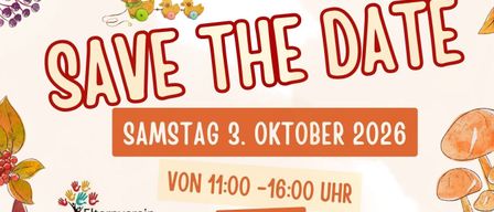 Plakat für einen Kinder-Kleidertausch und Flohmarkt am Samstag, 3. Oktober 2026, von 11:00 bis 16:00 Uhr in Huffburg. Das Event beinhaltet Grillen, Würstchen und vieles mehr. Anmeldung und Kleiderabgabe sofort möglich.