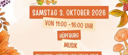 Plakat für einen Kinder-Kleidertausch und Flohmarkt in Hüpfburg am Samstag, 3. Oktober 2026, von 11:00 bis 16:00 Uhr. Es beinhaltet einen Essensstand, Musik und einen Tisch für den Kleidertausch.