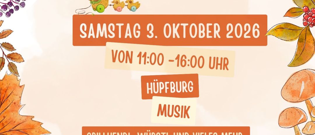 Plakat für einen Kinder-Kleidertausch und Flohmarkt in Hüpfburg am Samstag, 3. Oktober 2026, von 11:00 bis 16:00 Uhr. Es beinhaltet einen Essensstand, Musik und einen Tisch für den Kleidertausch.