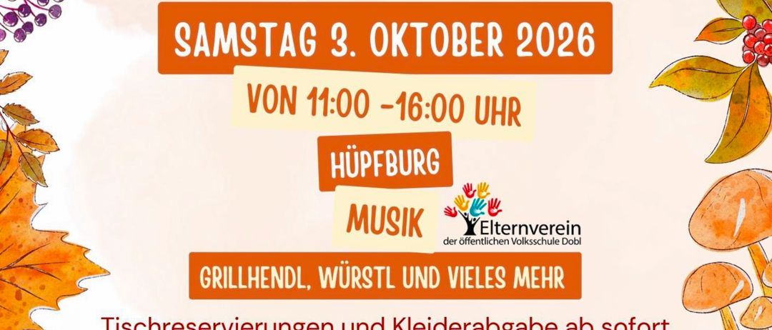 Plakat für einen Kinderkleidertausch und Flohmarkt am Samstag, 3. Oktober 2026, von 11:00 bis 16:00 Uhr in Hüpfburg. Mit QR-Code für Online-Reservierungen, Musik und vielen Artikeln für Kinder.