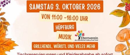 Poster for a children's clothing swap and flea market on Saturday, October 3, 2026, from 11:00 to 16:00 in Hüpfburg. Features a QR code for online reservations, music, and a variety of items for children.