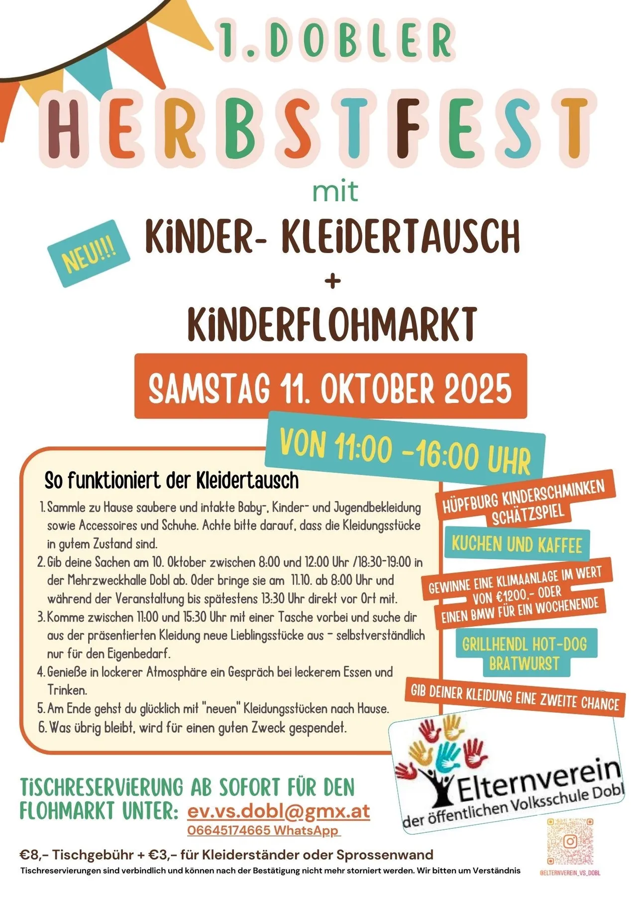 Plakat für eine Herbstveranstaltung mit Kinderkleidertausch und Markt am 11. Oktober 2025. Enthält Anweisungen für den Kleidertausch und Details zu Aktivitäten und Erfrischungen.