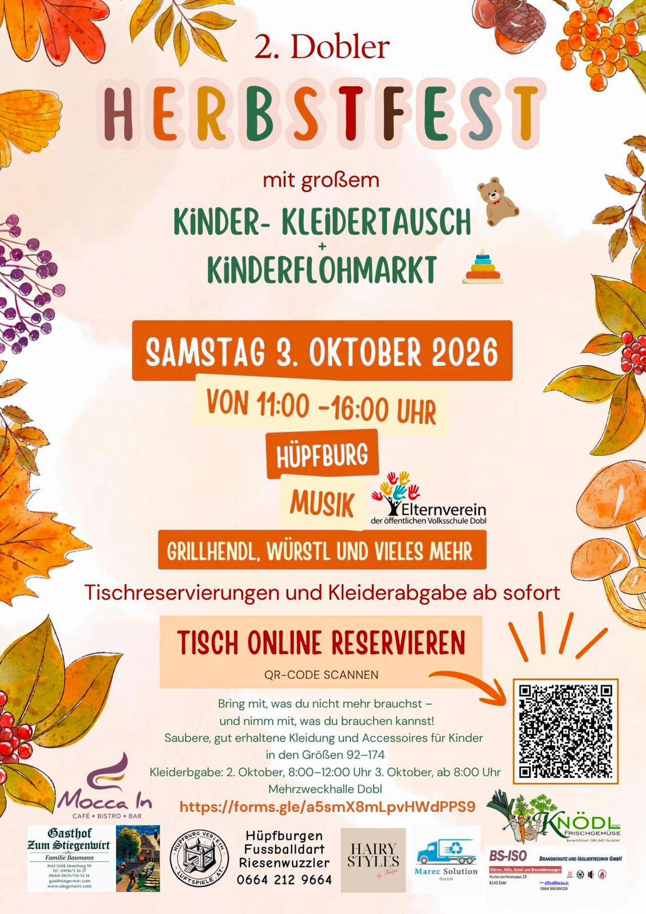 Poster for a children's clothing swap and flea market on October 3, 2026, from 11:00 to 16:00 at Hüpfburg. Features a QR code for online table reservations.