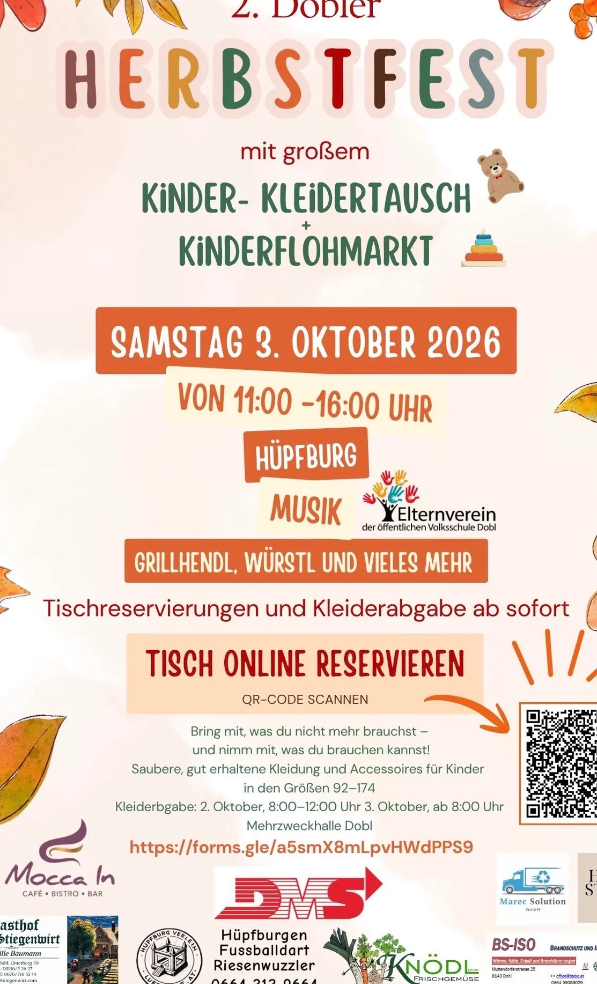 Plakat für einen Kinderkleidertausch und Flohmarkt am Samstag, 3. Oktober 2026, von 11:00 bis 16:00 Uhr in Hüpfburg. Mit Musik, Grillen, Würstchen und vielem mehr. QR-Code für Tischreservierungen.