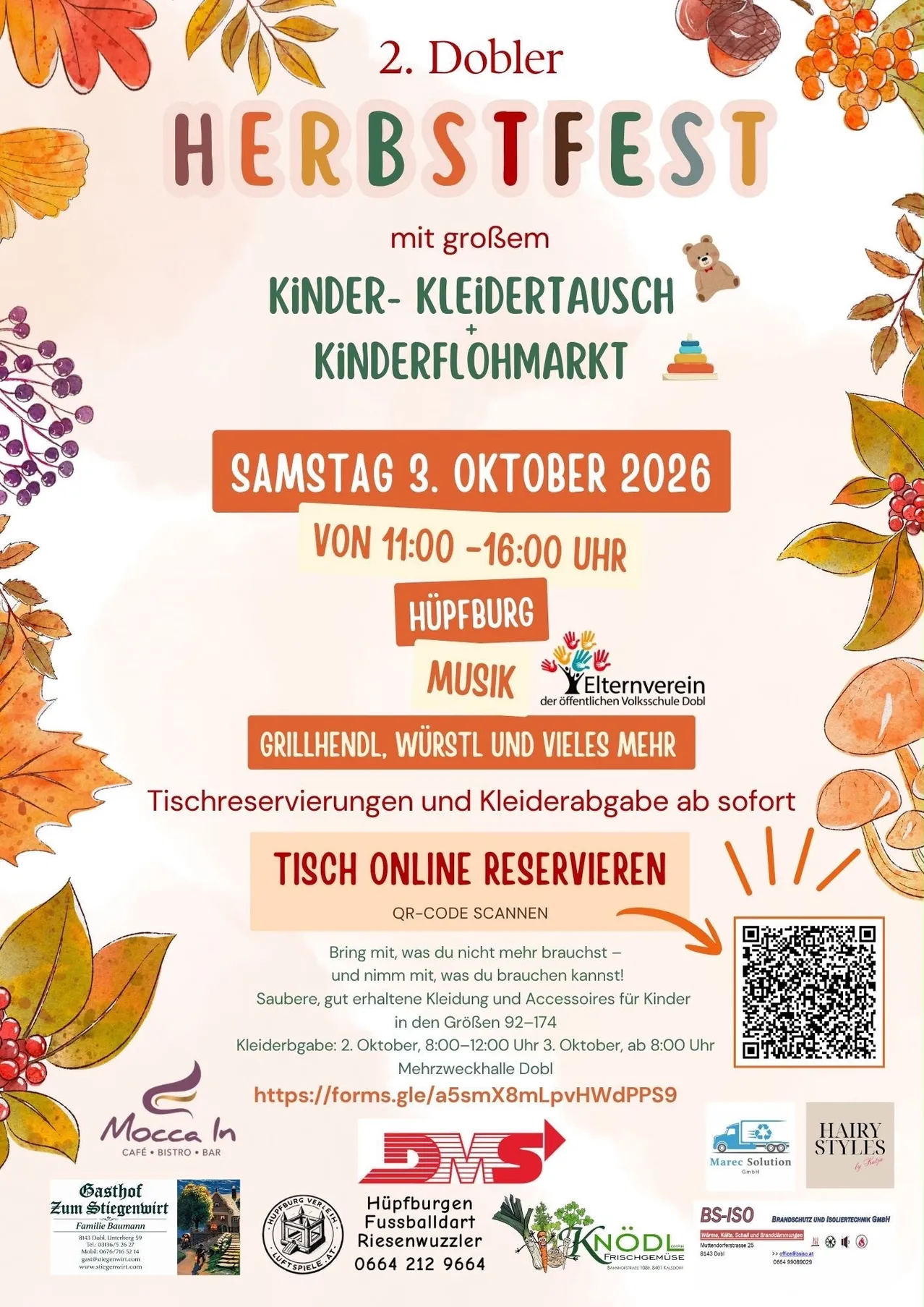 Ein Werbeplakat für das 2. Dobler Herbstfest, ein Kinderkleidertausch und Flohmarkt am 3. Oktober 2026 von 11:00 bis 16:00 in Hüpfburg. Das Plakat enthält einen QR-Code für Online-Tischreservierungen, einen Link zu einer Website und Logos verschiedener Sponsoren.