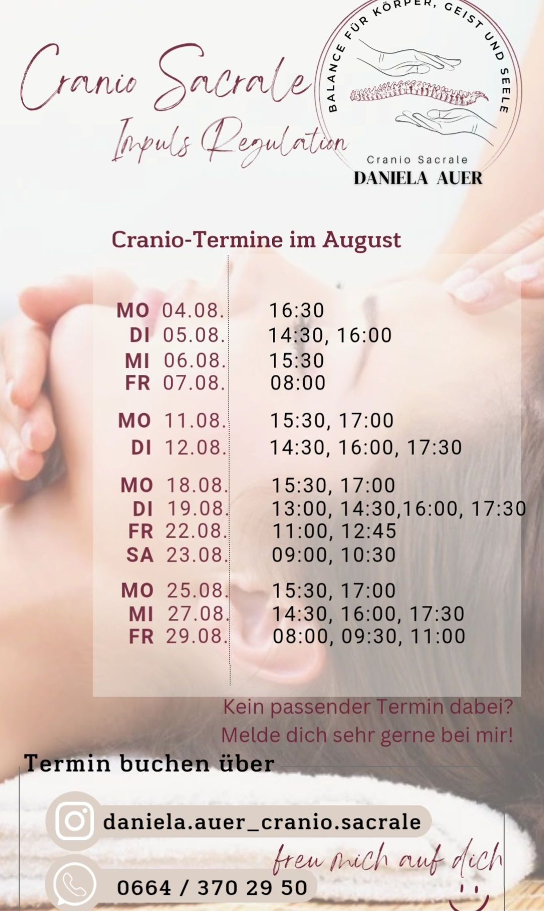 Das Bild zeigt einen Zeitplan für Cranio-Termine im August mit Terminen und Uhrzeiten. Die Termine reichen vom 4. August bis zum 29. August.
