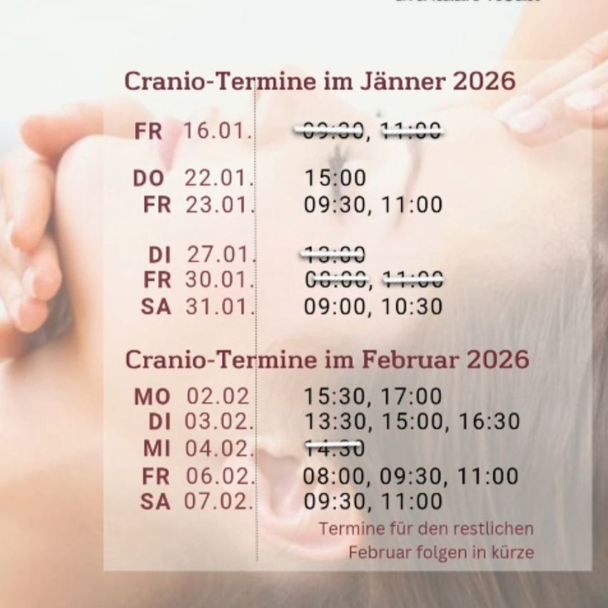 A poster shows Cranio-Termine appointment times for January and February 2026. Appointments are listed by day, time, and sometimes multiple times. Remaining February dates to be announced.