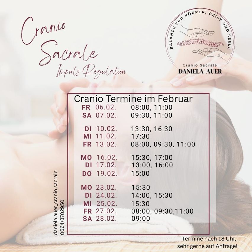 Poster für cranio-sacrale Impulsregulierung. Zeigt Zeitplan für Termine im Februar mit Uhrzeiten. Termine nach 18 Uhr sehr gerne auf Anfrage!