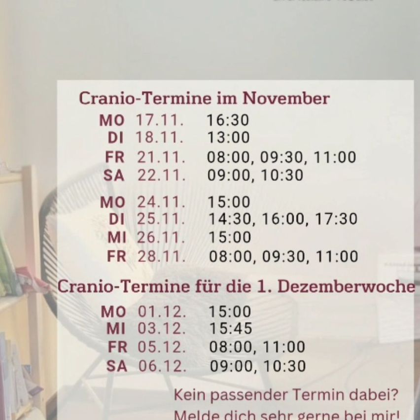 A schedule of Cranio-Termine appointments in November and the first week of December. Includes dates and times for Mondays through Fridays. Ends with a prompt to book an appointment.