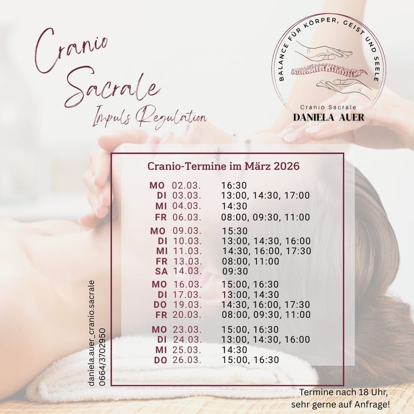 Plakat mit einem Zeitplan für Cranio Sacrale Impuls Regulation-Sitzungen im März 2026. Sitzungen sind von Montag bis Freitag geplant, mit verschiedenen Zeiten und Daten aufgelistet.