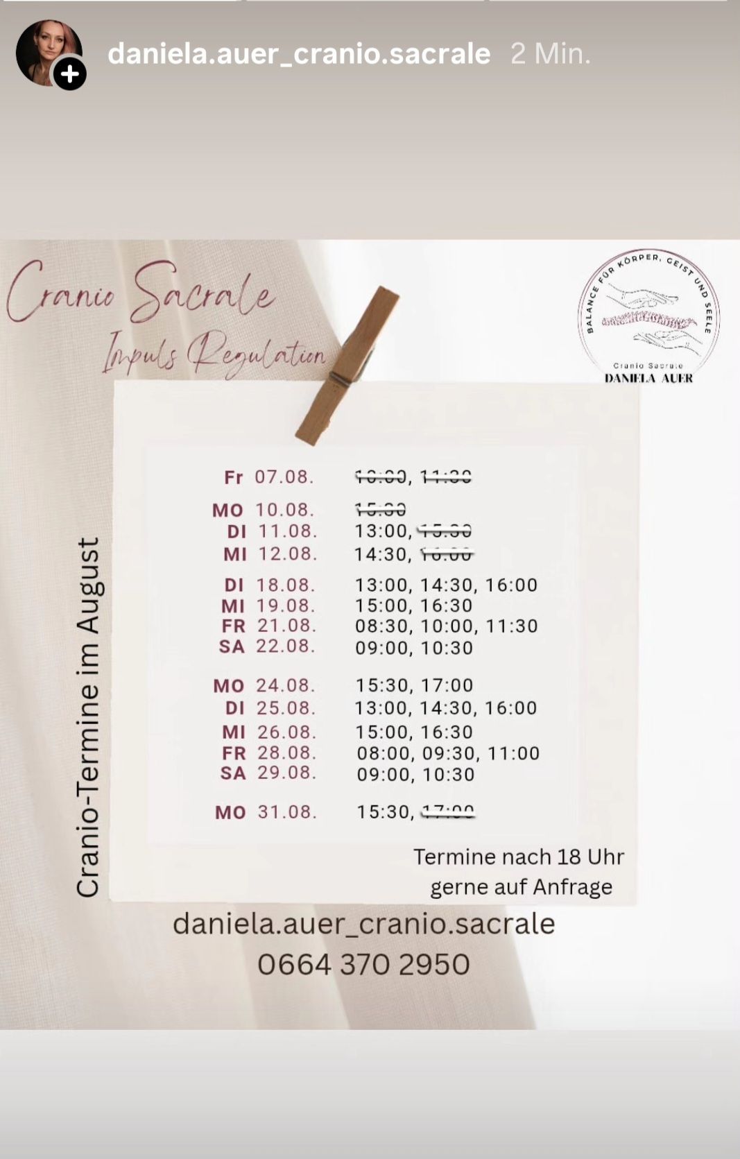 Ein Zeitplan für Cranio Sacrale Impuls Regulation Sitzungen im August, mit Datum und Uhrzeit aufgeführt. Ein Logo für Daniela Auer ist vorhanden.