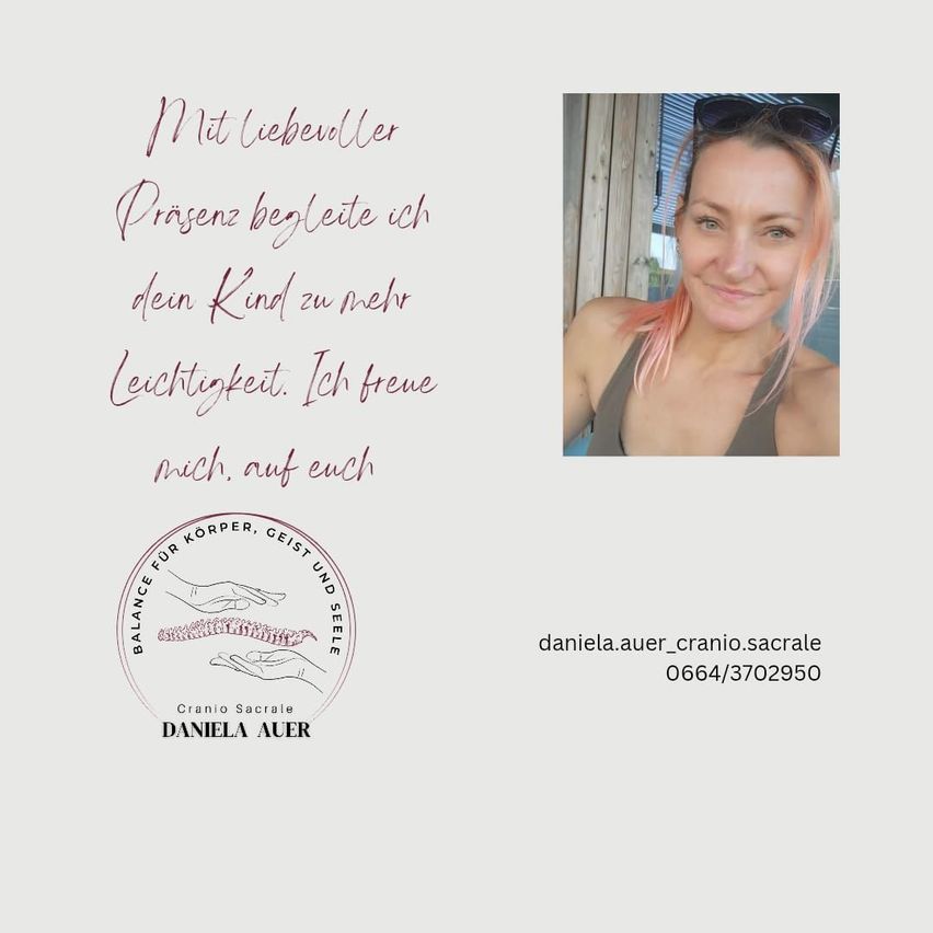 A smiling woman with pink hair and sunglasses on her head is featured in a promotional image for cranio sacral therapy. The text is in German.
