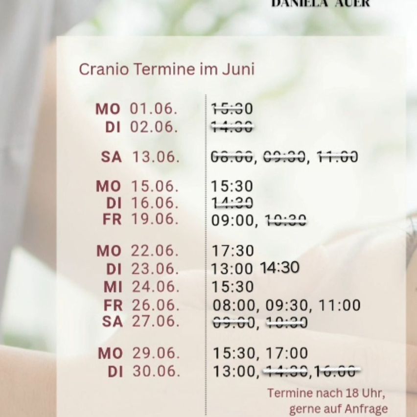 A schedule for Cranio Termine in June is shown with days and times available. Mondays and Tuesdays are 15:30, Wednesdays are 17:30, Thursdays are 09:00, Fridays are 08:00, and Saturdays are 09:00.