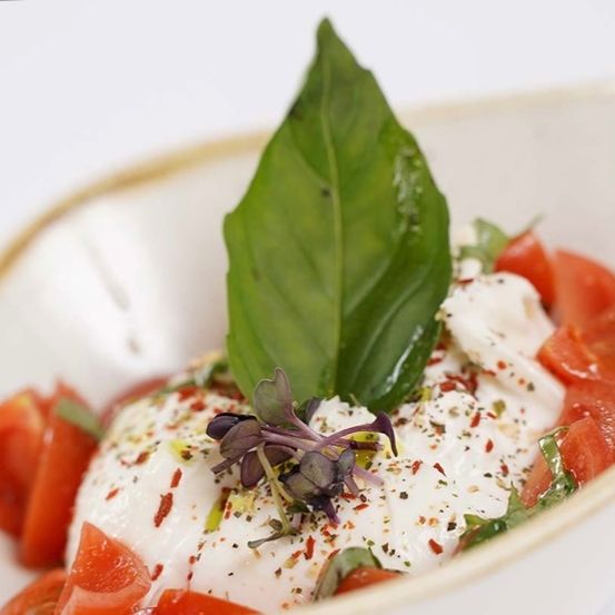 Eine weiße Schüssel gefüllt mit frischen Tomaten und cremigem Mozzarella, garniert mit Basilikumblättern und Kräutern.