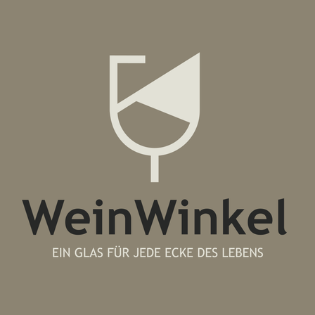 Ein Logo mit einem Weinglas und einem Slogan, der 'Ein Glas für jede Ecke des Lebens' lautet.
