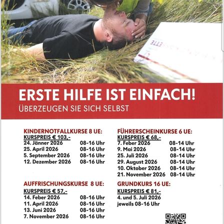 Werbeposter für Erste-Hilfe-Kurse. Erste Hilfe für Kinder am 24. Januar, 25. April, 5. September und 12. Dezember 2026. Erste Hilfe für Fahrer am 7. Februar, 9. Mai, 25. Juli, 29. August, 10. Oktober und 21. November 2026. Wiederbelebungskurs am 14. Februar, 11. April, 13. Juni und 7. November 2026. Grundkurs am 4. und 5. Juli 2026.