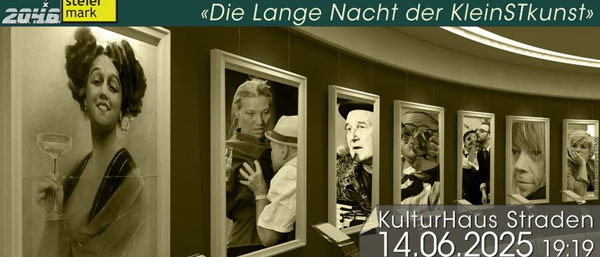 Ein Schwarz-Weiß-Bild zeigt eine Reihe von gerahmten Porträts an einer Wand. Oben steht der Text 'LA NOTT Die Lange Nacht der Klei'. Unten wird das Datum '14.06.20' angezeigt.