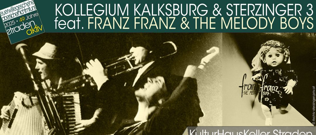Schwarz-Weiß-Foto von zwei Musikern beim Spielen mit Trompete und Klavier. Überlagerter Text: 'Kollegium Kalksburg & Sterneat Franz Franz & The Melo' mit Datum '11.12.20'.